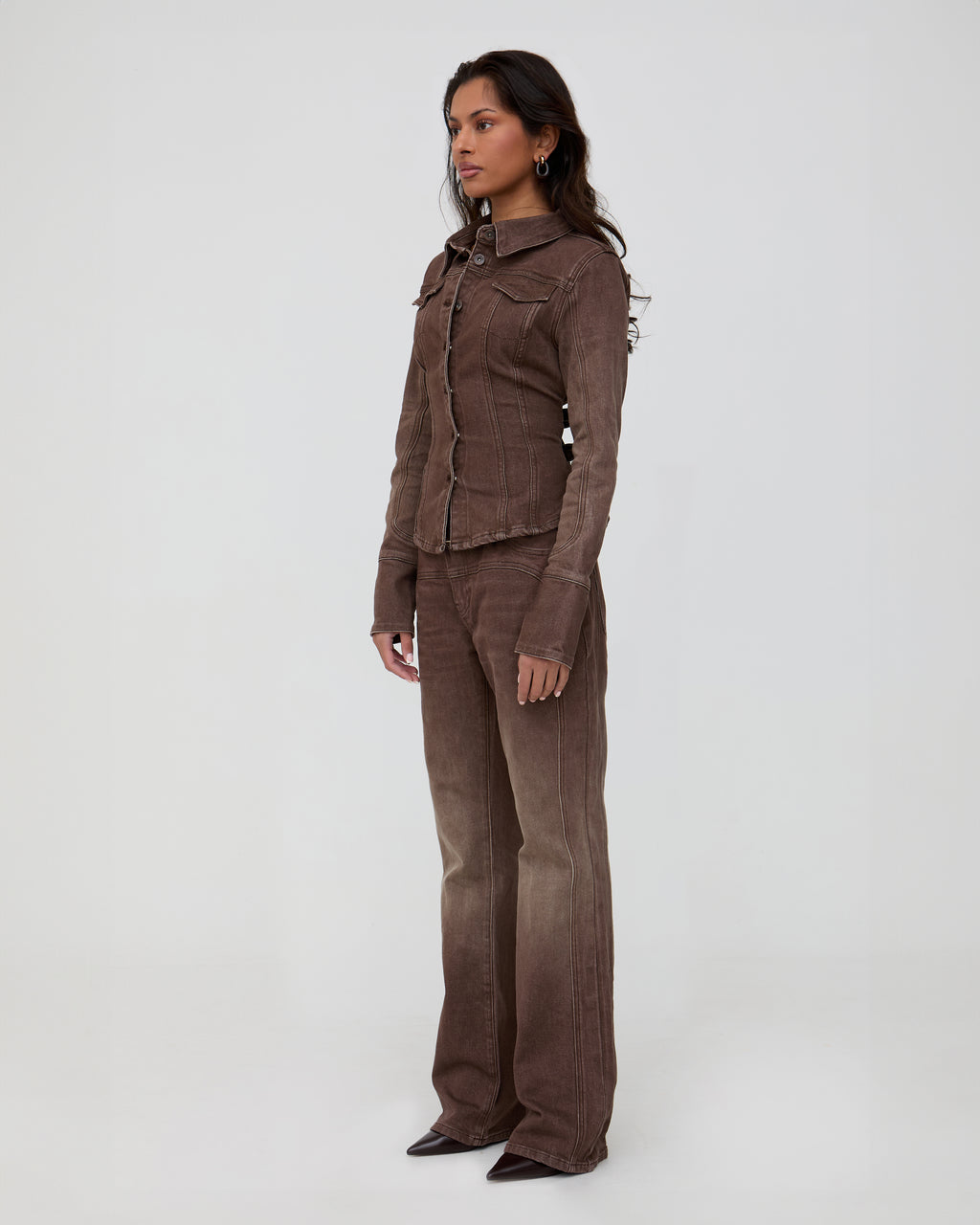 Brown denim trucker top