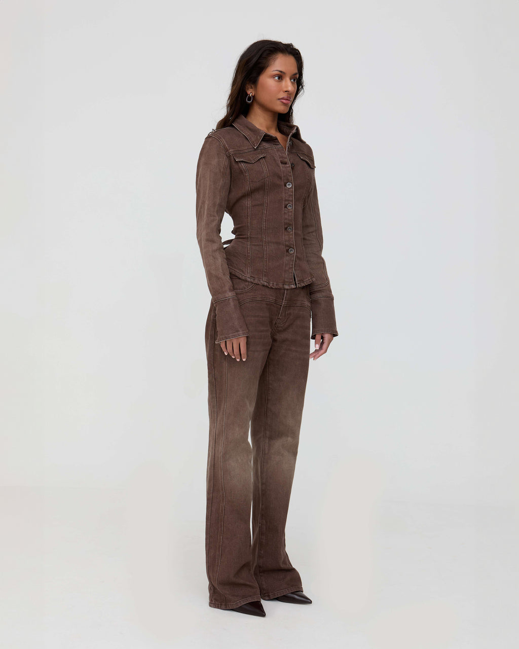 Brown denim trucker top