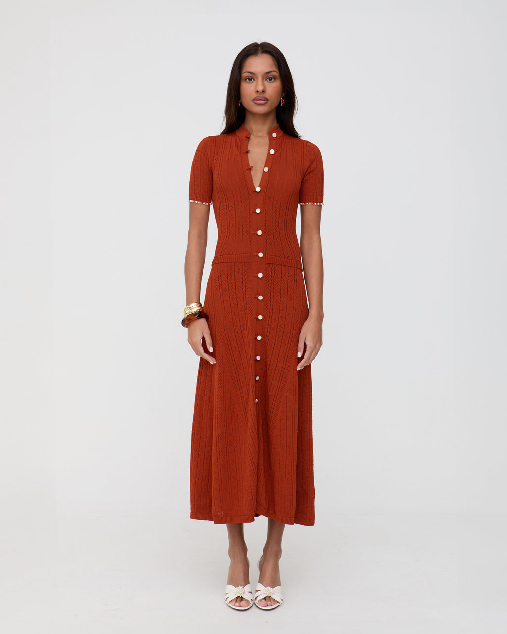 Brick red knit midaxi pointelle dress