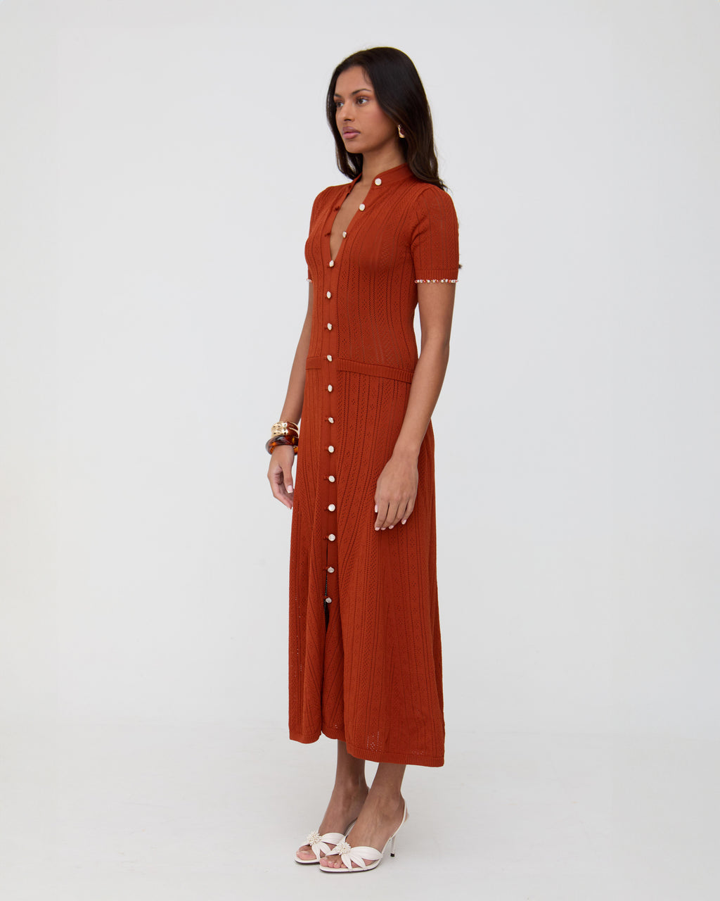 Brick red knit midaxi pointelle dress