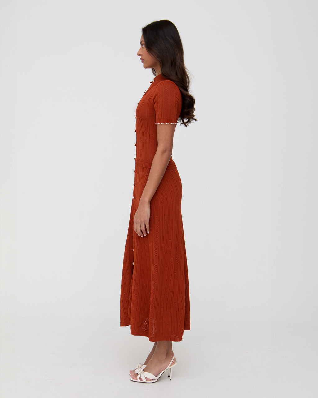 Brick red knit midaxi pointelle dress