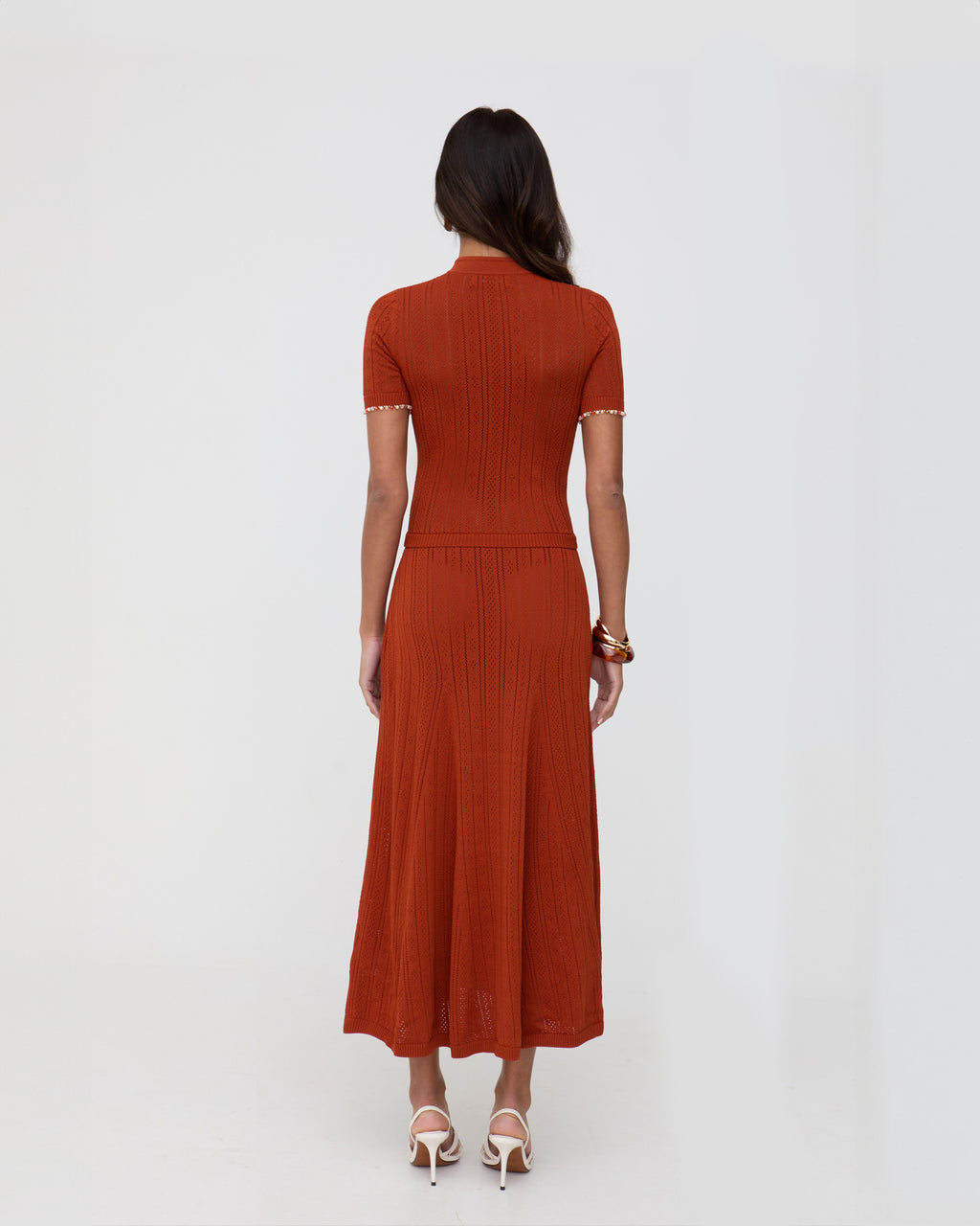 Brick red knit midaxi pointelle dress
