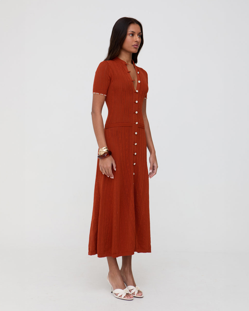 Brick red knit midaxi pointelle dress