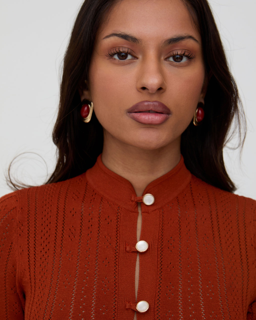 Brick red knit midaxi pointelle dress