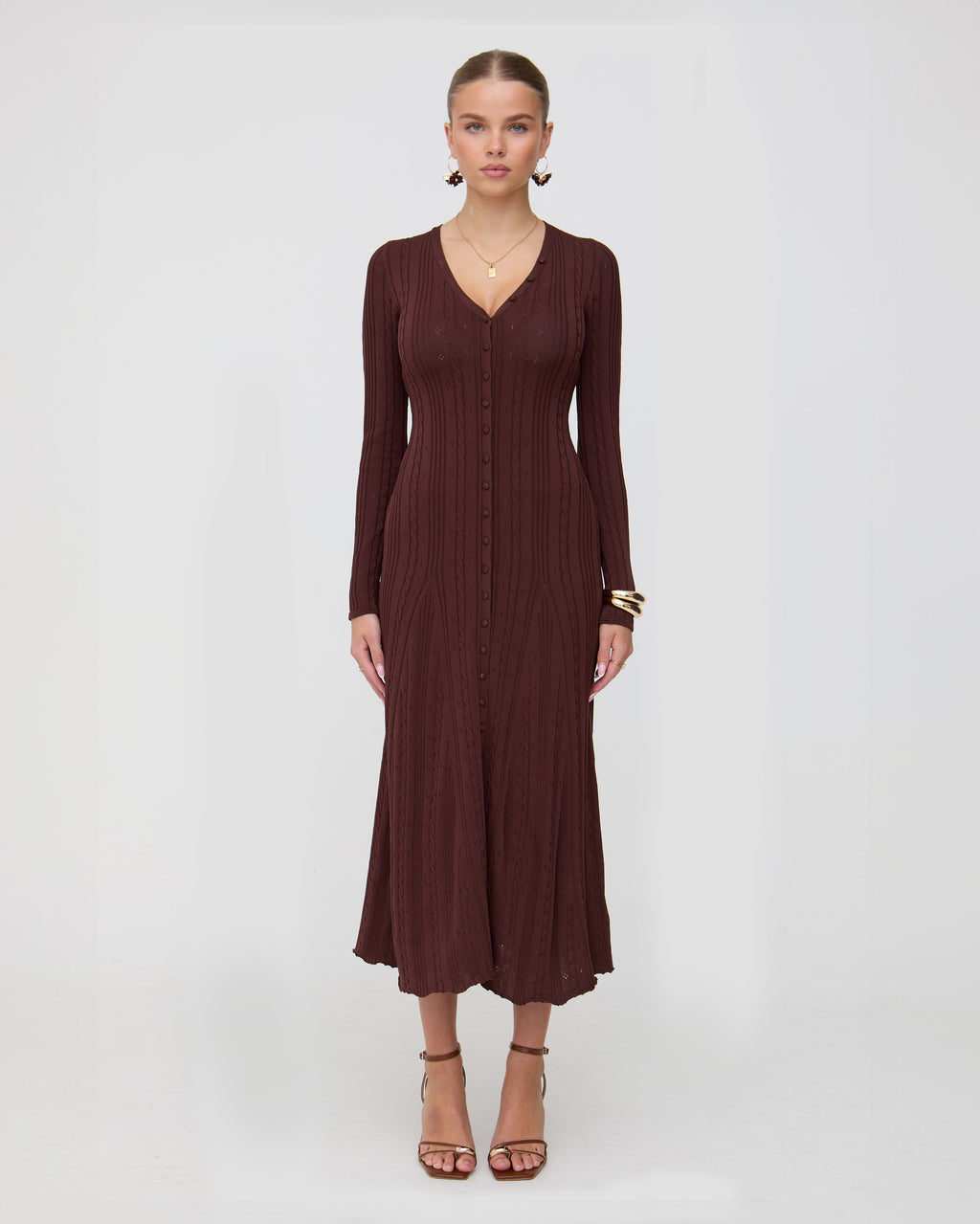 Brown midaxi long sleeve dress