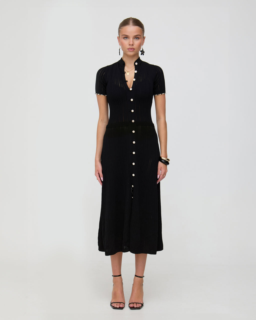Black knit midaxi pointelle dress